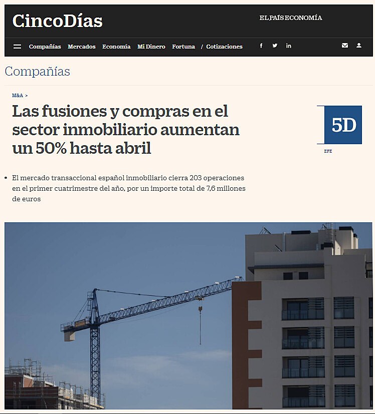 Las fusiones y compras en el sector inmobiliario aumentan un 50% hasta abril